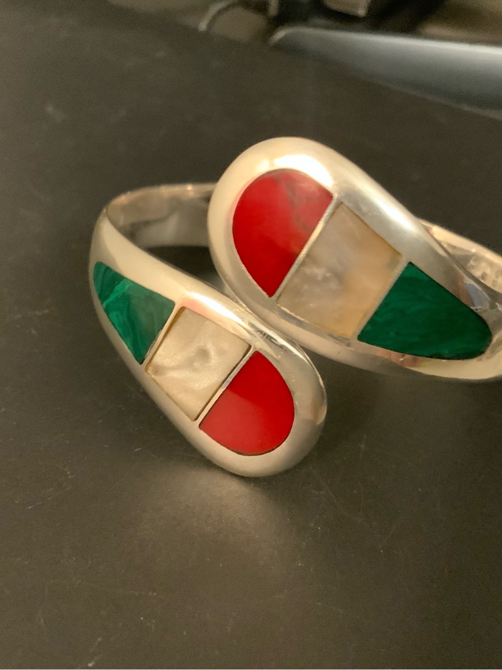 Vintage Silver Cuff Bracelet with Red, Green & Cream Inlays
